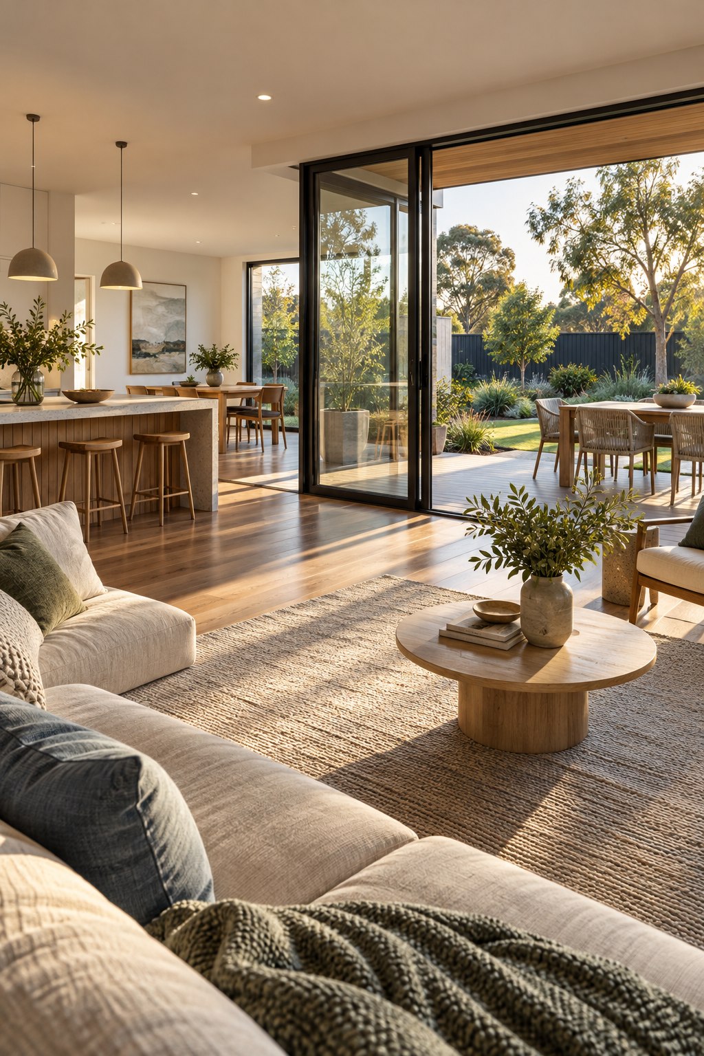Sunlit contemporary Australian home interior opening onto a landscaped garden